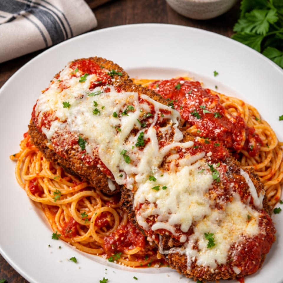 Chicken parmesan with melted mozzarella cheese and marinara sauce, served over spaghetti on a white plate.