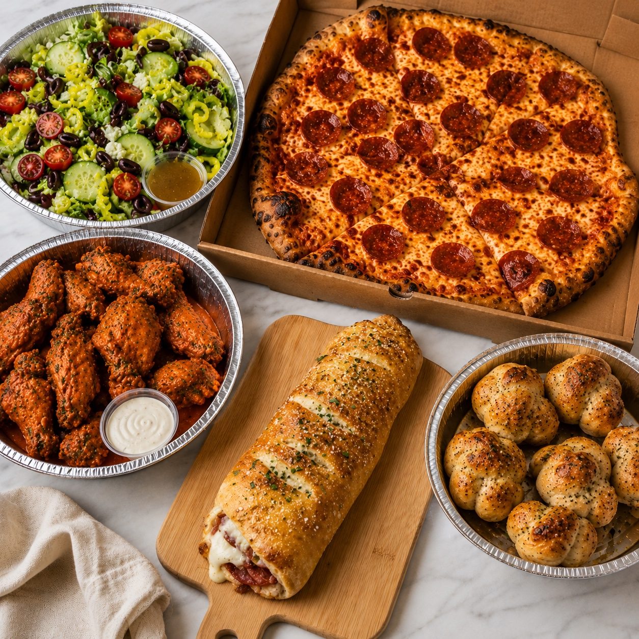 1 large one topping pizza, 10 wings, Large caesar or tossed Salad, Small Stromboli, 6 Garlic Knots $52.95.