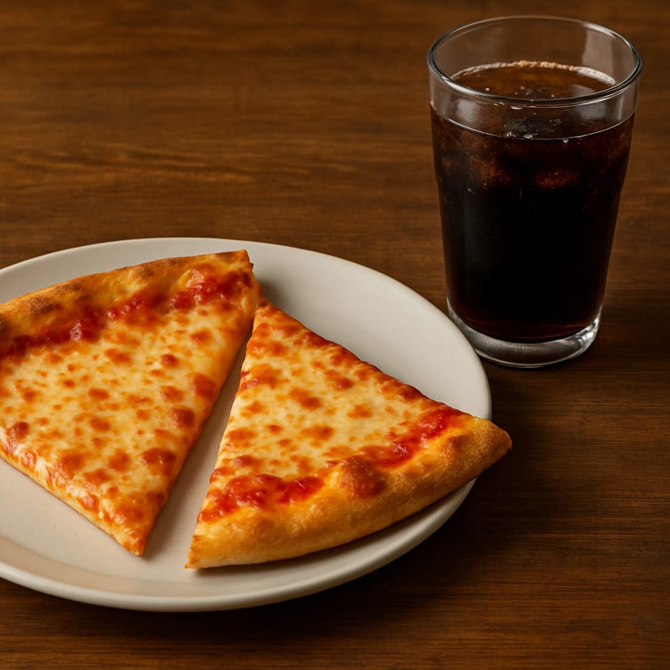 Two slices of TopCrust Jupiter Kitchen cheese pizza on a white plate with a glass of soda.