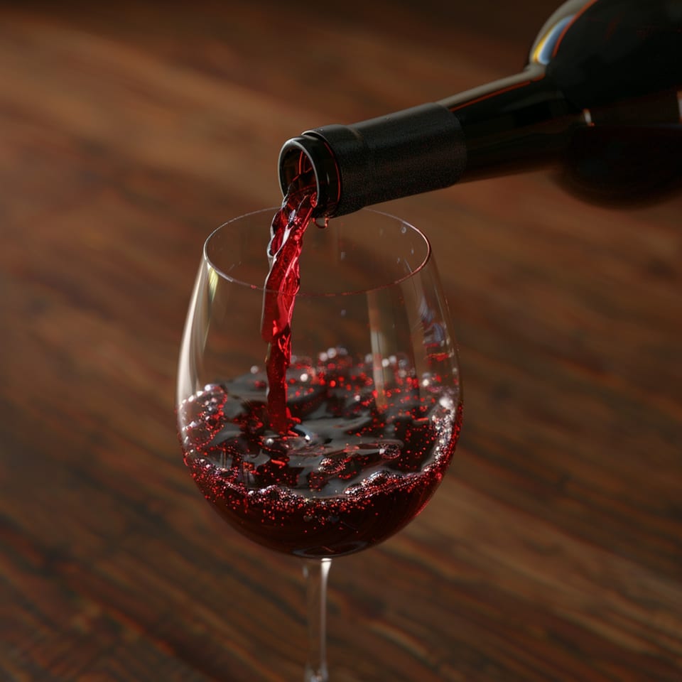 Red wine pouring from a bottle into a glass, creating bubbles on a dark wooden table.
