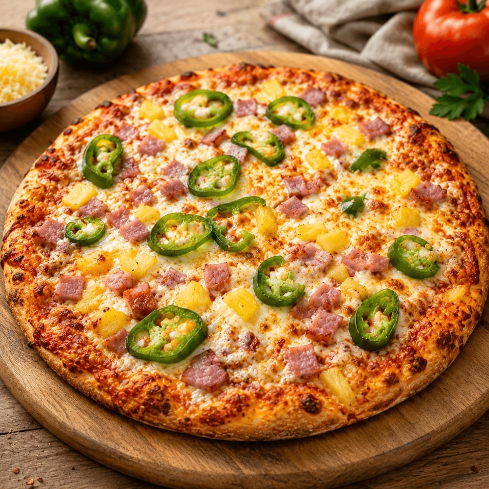 A Hawaiian pizza with ham, pineapple, and jalapeños on a wooden board.