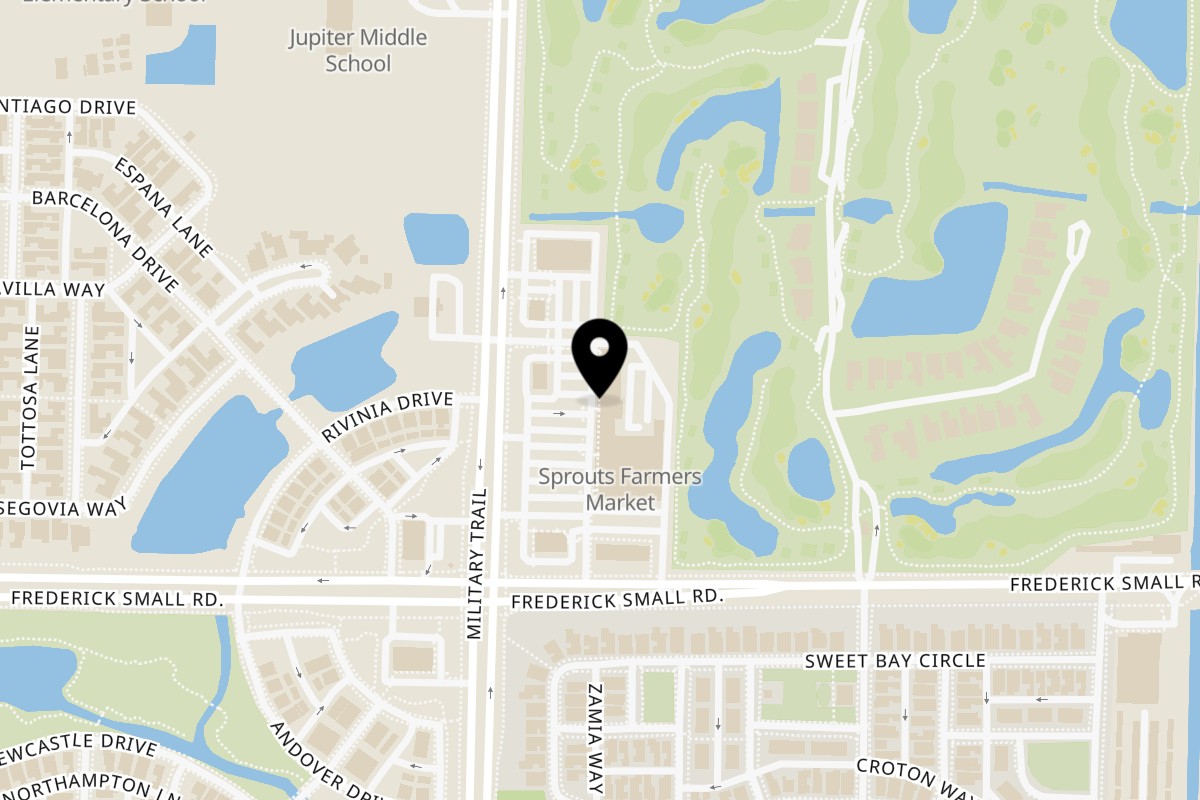 Map showing the location of TopCrust Jupiter Kitchen on 3755 Military Trail Suite B8 in Jupiter